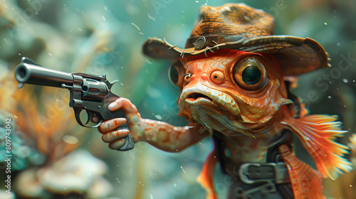 A whimsical angelfish wearing a hat, clutching a gun with a quirky and playful demeanor photo