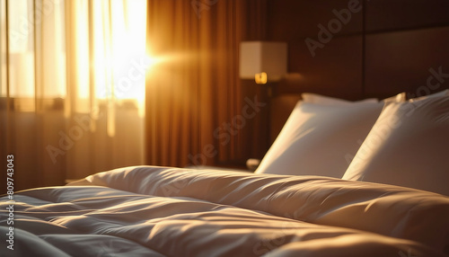 a comfortable hotel bed with crisp white sheets and bright lights coming through the window 