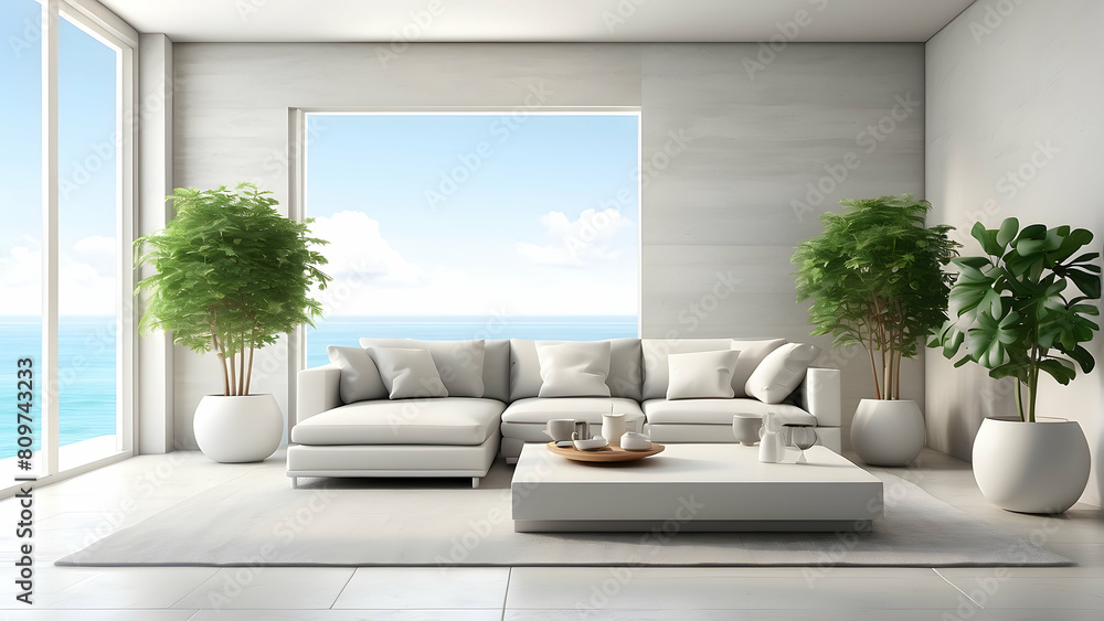 An airy and luxurious living space with a modern white sofa overlooking an expansive ocean view, embodying tranquility and leisure An airy and luxurious living space with a modern white sofa overlooking an expansive ocean view, embodying tranquility and leisure