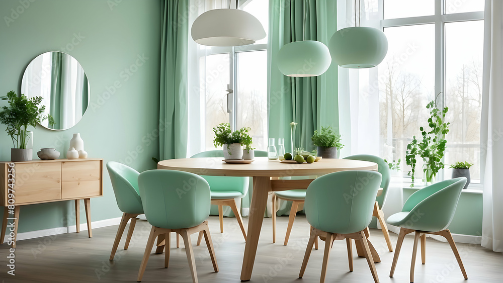Fototapeta premium Spacious dining area featuring mint green chairs and large windows letting in plenty of natural light