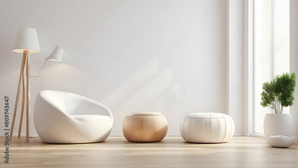 Well-lit cozy space with a comfortable white armchair, wooden accents, and modern decorative items Well-lit cozy space with a comfortable white armchair, wooden accents, and modern decorative items