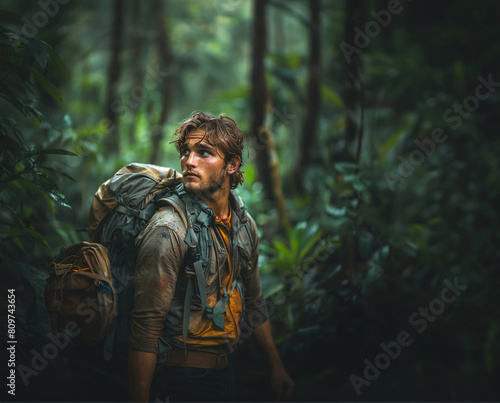 A man on a solo backpacking trip in the forest.
