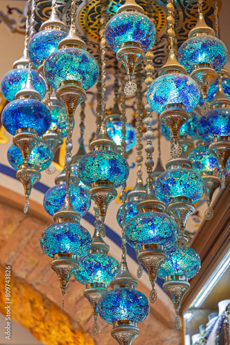 Blue Glass Silver Metal Chandelier Middle East Style Lamps