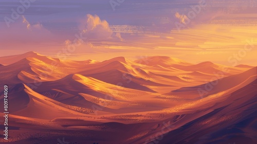 A painting of a desert landscape with a bright orange sky