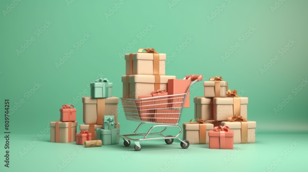 Shopping basket with bags and boxes on green wall background. 3d illustration. AI generated image Shopping basket with bags and boxes on green wall background. 3d illustration. AI generated image
