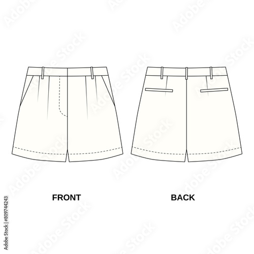 Vector illustration of shorts with flaps and pockets, front and back view. Outline drawing of stylish mini shorts for girls. Bermuda shorts template for women, white color.