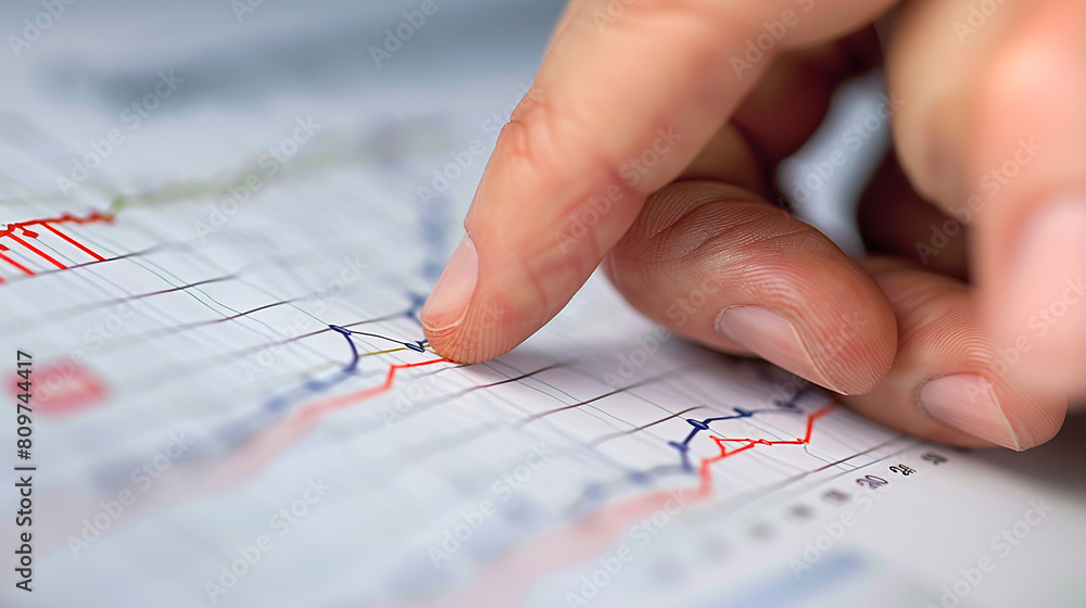 Finger pointing at the lines of a graph on paper Finger pointing at the lines of a graph on paper