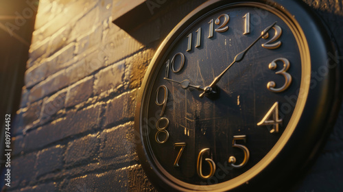 The golden hour reflects timelessly on a vintage clock adorning a classic brick wall. photo
