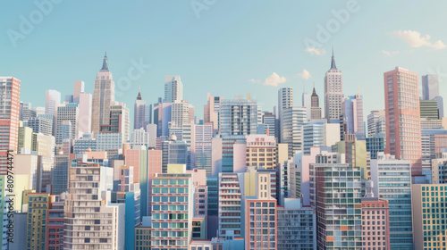 Skyline of modern colorful 3D cartoon-style cityscape under blue sky.