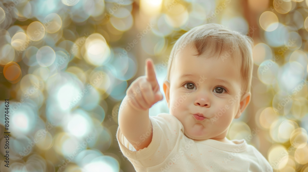 Toddler's adorable pucker and pointing gesture shines with childlike wonder and delight. Toddler's adorable pucker and pointing gesture shines with childlike wonder and delight.