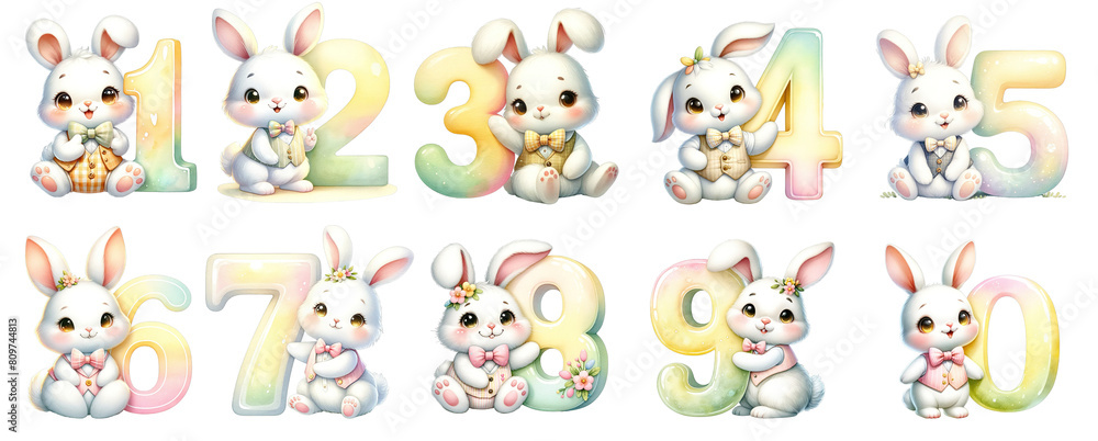 Set of Watercolor Illustration of Rabbit with Birthday Number in Pastel Tones
