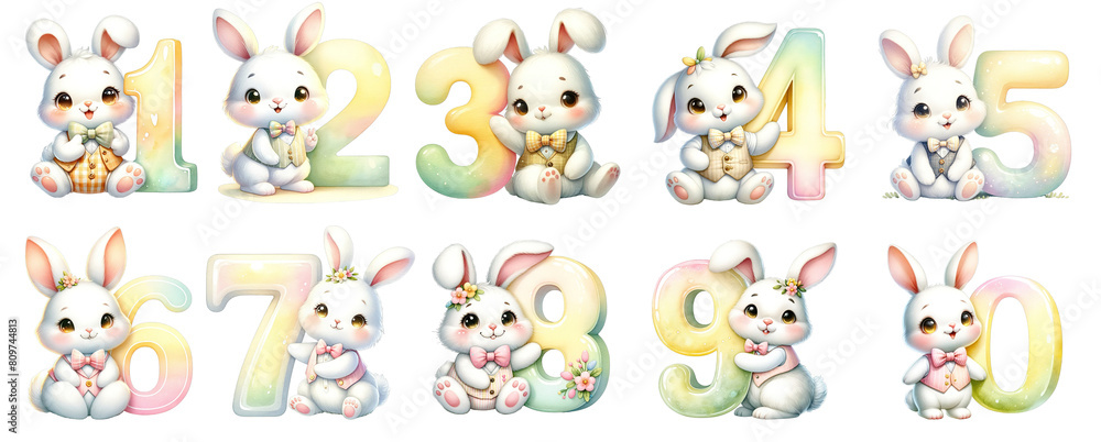 Set of Watercolor Illustration of Rabbit with Birthday Number in Pastel Tones
Set of Watercolor Illustration of Rabbit with Birthday Number in Pastel Tones