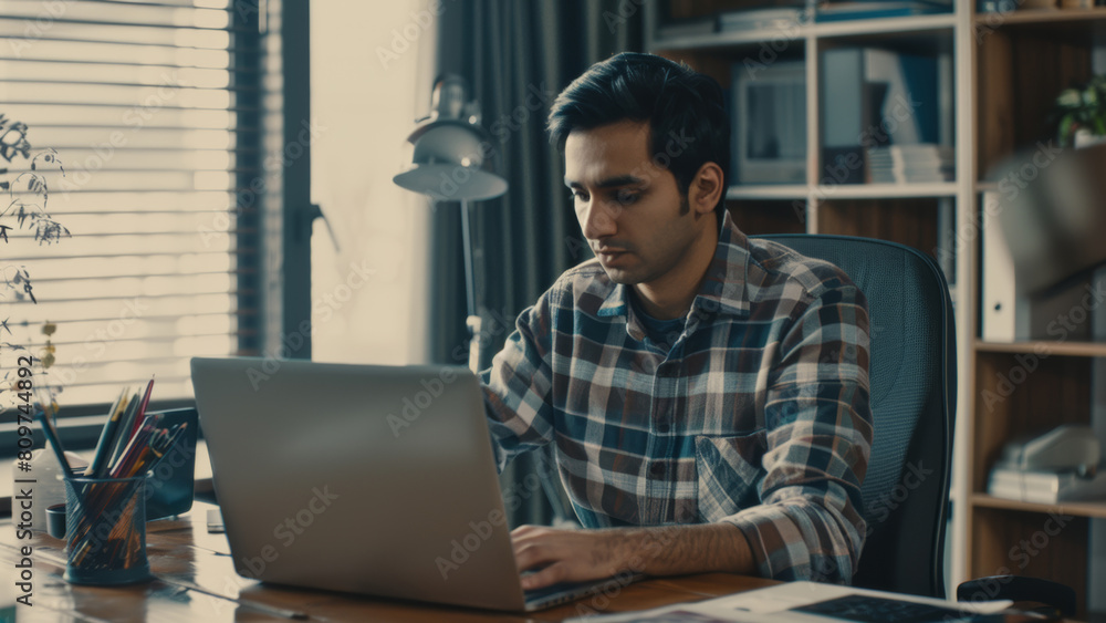 Focused professional working intently at his laptop in a home office setting. Focused professional working intently at his laptop in a home office setting.