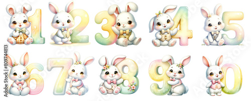 Set of Watercolor Illustration of Rabbit with Birthday Number in Pastel Tones  © Signature
