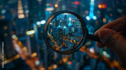 A magnifying glass reveals a focused view of a vibrant cityscape at night.