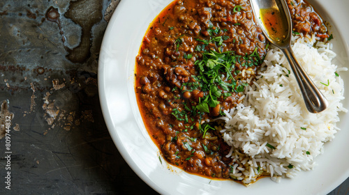 Delicious iranian ghormeh sabzi with white rice on a plate, highlighting the flavors and traditions of persian cuisine photo