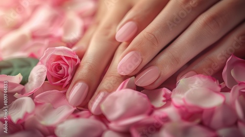 Woman s hands with soft skin and beautiful nails with pink rose petals.AI generated image