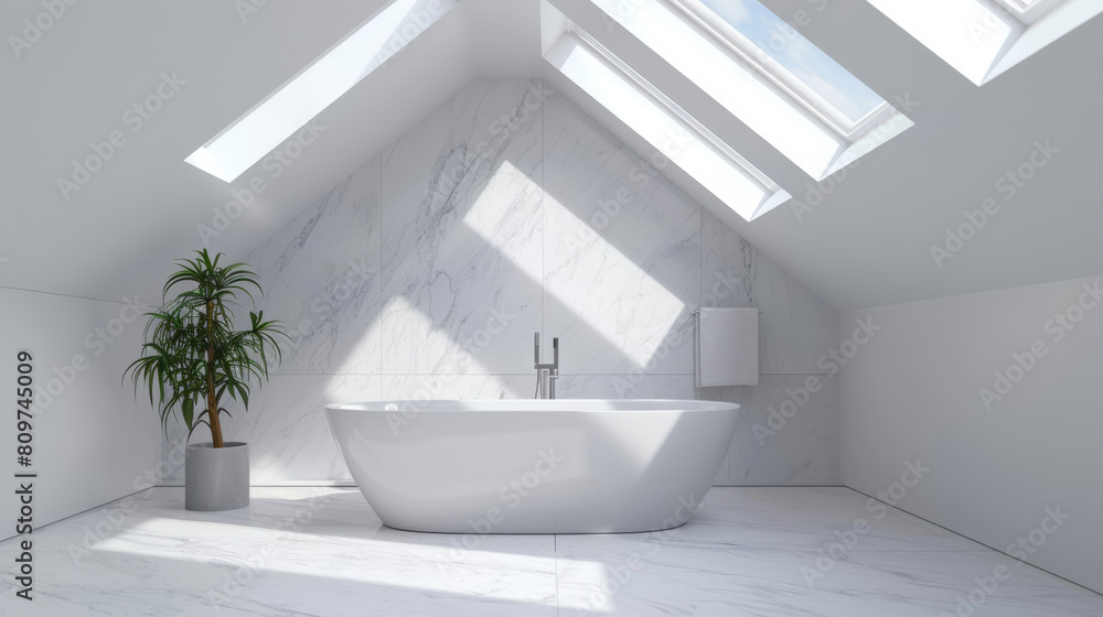 Fototapeta premium Sun-soaked modern bathroom with clean lines featuring a freestanding tub and a plant.