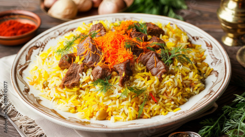 Scrumptious iranian saffron rice and tender lamb dish, adorned with fresh dill, presented on an elegant plate with a backdrop of spices