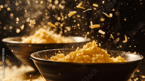 Captivating silhouette of levitating bowls of creamy risotto with grated cheese