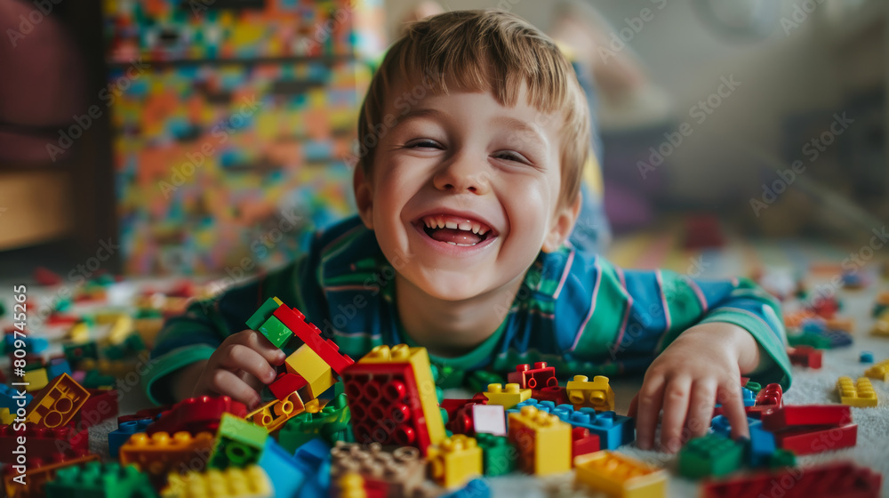 A joyous child surrounded by colorful building blocks, celebrating creativity.