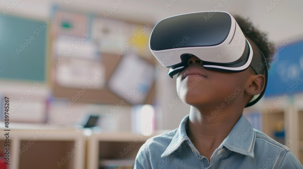 A child experiencing virtual reality, immersed in a digital universe of discovery. A child experiencing virtual reality, immersed in a digital universe of discovery.