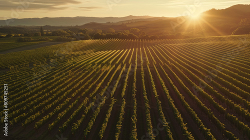 Golden sunlight bathes picturesque vineyard rows at sunset, evoking tranquility.
