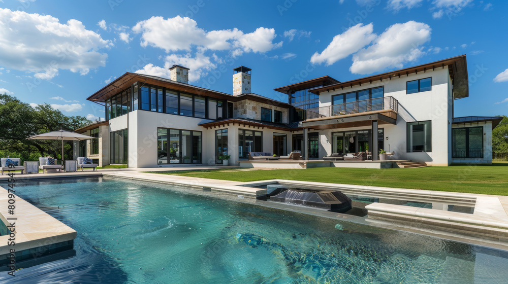 Luxurious poolside villa basks in sunlight, exemplifying opulent modern architecture.
