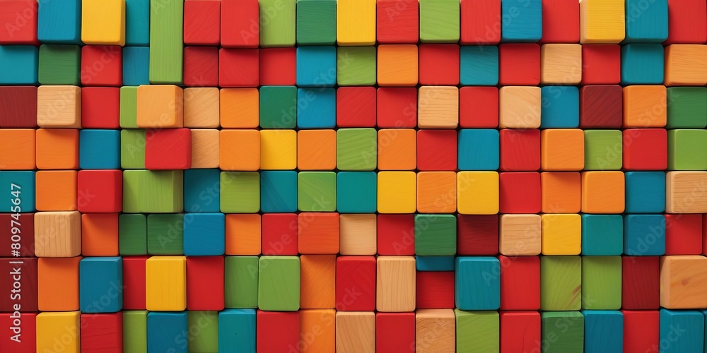 Colorful wooden blocks arranged in a grid pattern, bright gradient texture of wooden blocks. Wooden background concept, children's rainbow colors, mosaic effect 