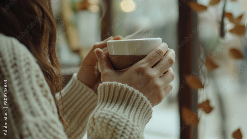 Warm hands embracing a hot cup of coffee, coziness against a window backdrop. Warm hands embracing a hot cup of coffee, coziness against a window backdrop.