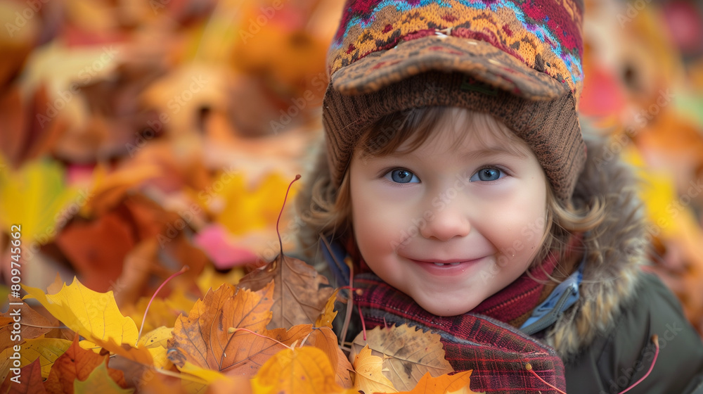 Joyful child holding an armful of vibrant yellow autumn leaves, smiling brightly in a seasonal outdoor setting, epitome of fall happiness
