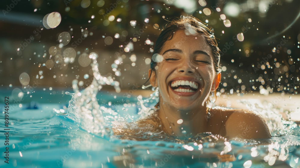 Joyful young woman immersed in a sparkling pool, basking in the bliss of water.