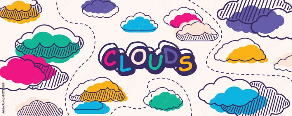 Naklejka premium Whimsical vivid clouds with lines, striped structures, comic fun
