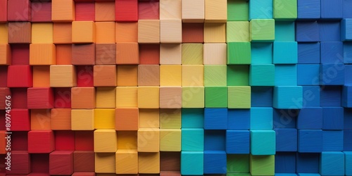 Colorful wooden blocks arranged in a grid pattern  bright gradient texture of wooden blocks. Wood background concept  rainbow color  vivid color concept