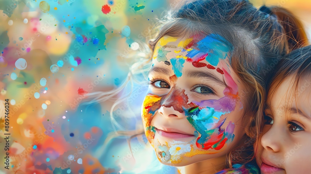 A bright image of children enjoying face painting and balloon animals at a familyfriendly festival perfect for marketing to families Copy space