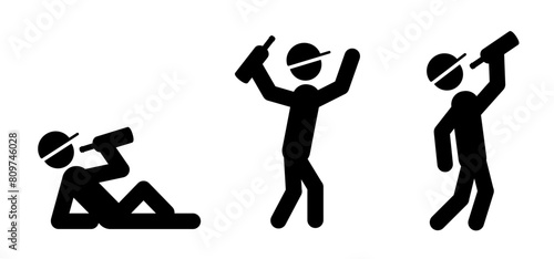 Cartoon stickman, stick figure drunk man with wine bottle. Alcoholic drink sign. Party drinker.
