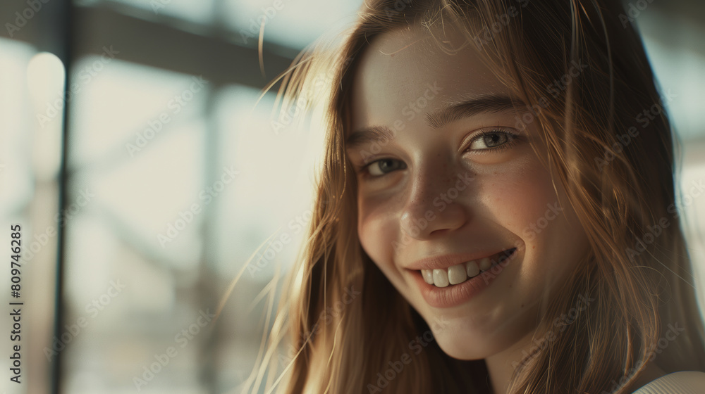 Joyful young girl with a beaming smile in soft indoor light. Joyful young girl with a beaming smile in soft indoor light.
