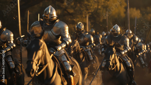 Imposing army of medieval knights poised for battle at dusk.