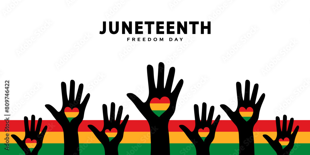 Fototapeta premium Black hands with hearts in the colors of the Juneteenth flag. Juneteenth Freedom Day banner. Black History Month. Celebrating racial equality, freedom and human rights. Vector Illustration