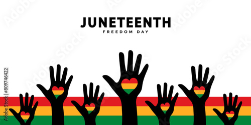 Black hands with hearts in the colors of the Juneteenth flag. Juneteenth Freedom Day banner. Black History Month. Celebrating racial equality, freedom and human rights. Vector Illustration