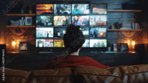 Cozy entertainment evening with a person immersed in a sea of on-screen choices on their smart TV in a home setting. photo