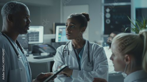 Medical professionals engage in a thoughtful discussion in a high-tech lab.