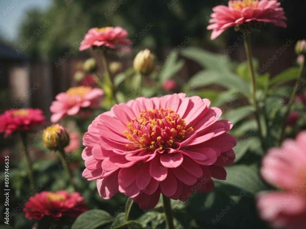 A blooming pink Zinnia flower growing tall A blooming pink Zinnia flower growing tall
