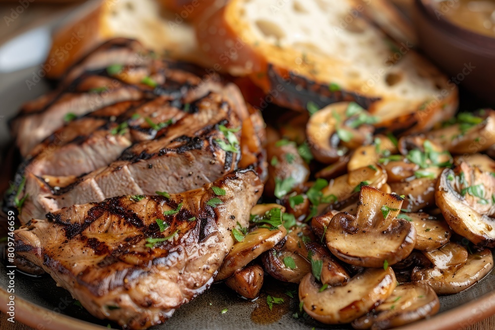  plate of grilled meat and sautéed mushrooms served alongside slices of fresh bread