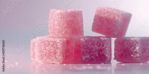 Closeup side view of four, cube shaped pink gummies, advertising product shot, in a pile, lit perfectly, fancy product shot, white background. (ID: 809746668)