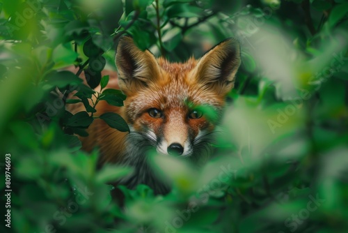 A small fox is seen up close  nestled in a tree within a lush forest  peeking through vibrant green foliage