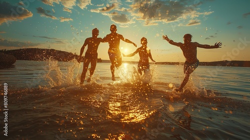 Having a good time on a summer day with pals, splashing around in the water and swimming in the lake, Generative AI. photo