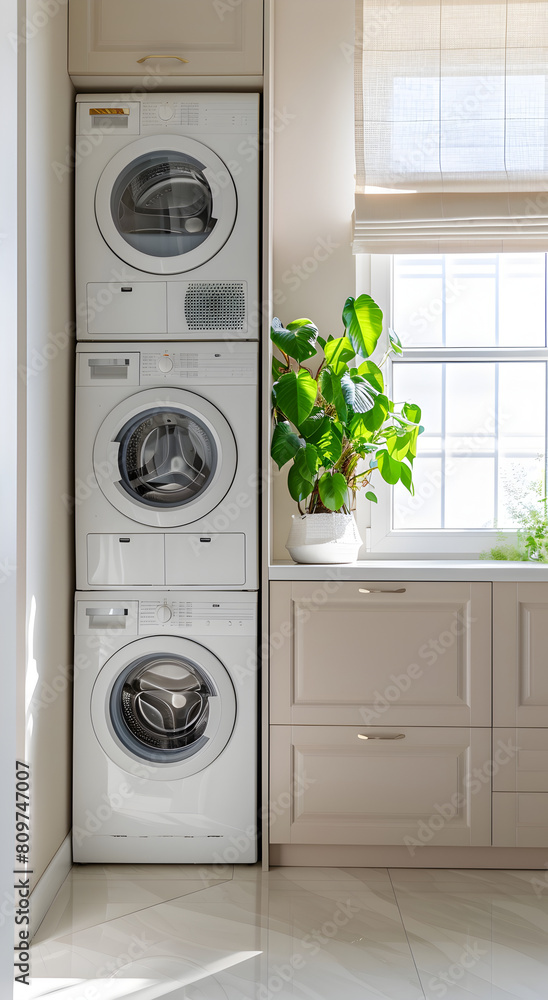 A clean and bright minimalist laundry room, with two washing machines stacked together and embedded in a beige cabinet. With a window and soft light, the noon sun shines down from the window. A clean and bright minimalist laundry room, with two washing machines stacked together and embedded in a beige cabinet. With a window and soft light, the noon sun shines down from the window.