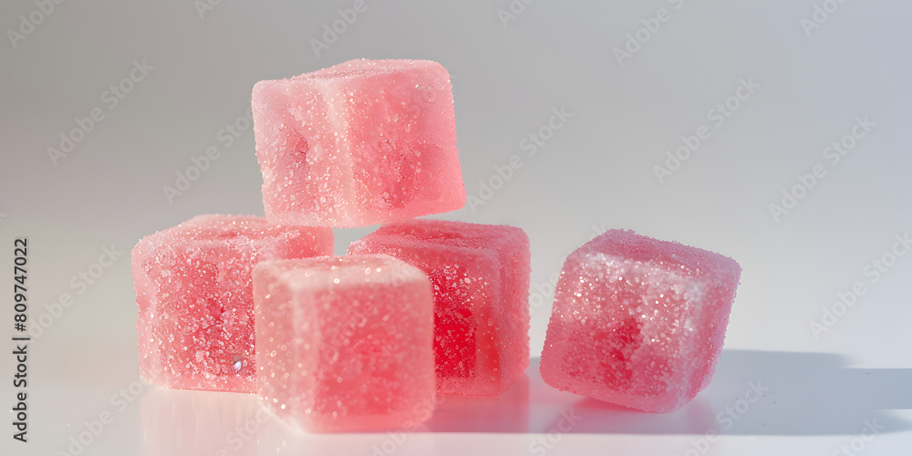 Closeup side view of four, cube shaped pink gummies, advertising product shot, in a pile, lit perfectly, fancy product shot, white background. Closeup side view of four, cube shaped pink gummies, advertising product shot, in a pile, lit perfectly, fancy product shot, white background.