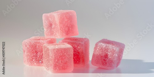 Closeup side view of four, cube shaped pink gummies, advertising product shot, in a pile, lit perfectly, fancy product shot, white background. (ID: 809747022)
